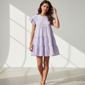 NWT Boohoo Lilac Eyelet Embroidered Ruffle Tiered Babydoll Mini Dress Sz 4